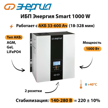 ИБП Энергия Smart 1000W - ИБП и АКБ - Энергия ИБП Smart - . Магазин оборудования для автономного и резервного электропитания Ekosolar.ru в Ликино-дулёвом